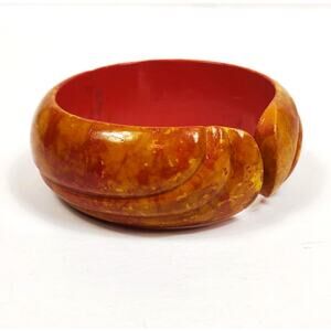 Vintage Thick Wooden Chunky Cuff Bracelet Handpainted Hippie Boho 70's Handmade